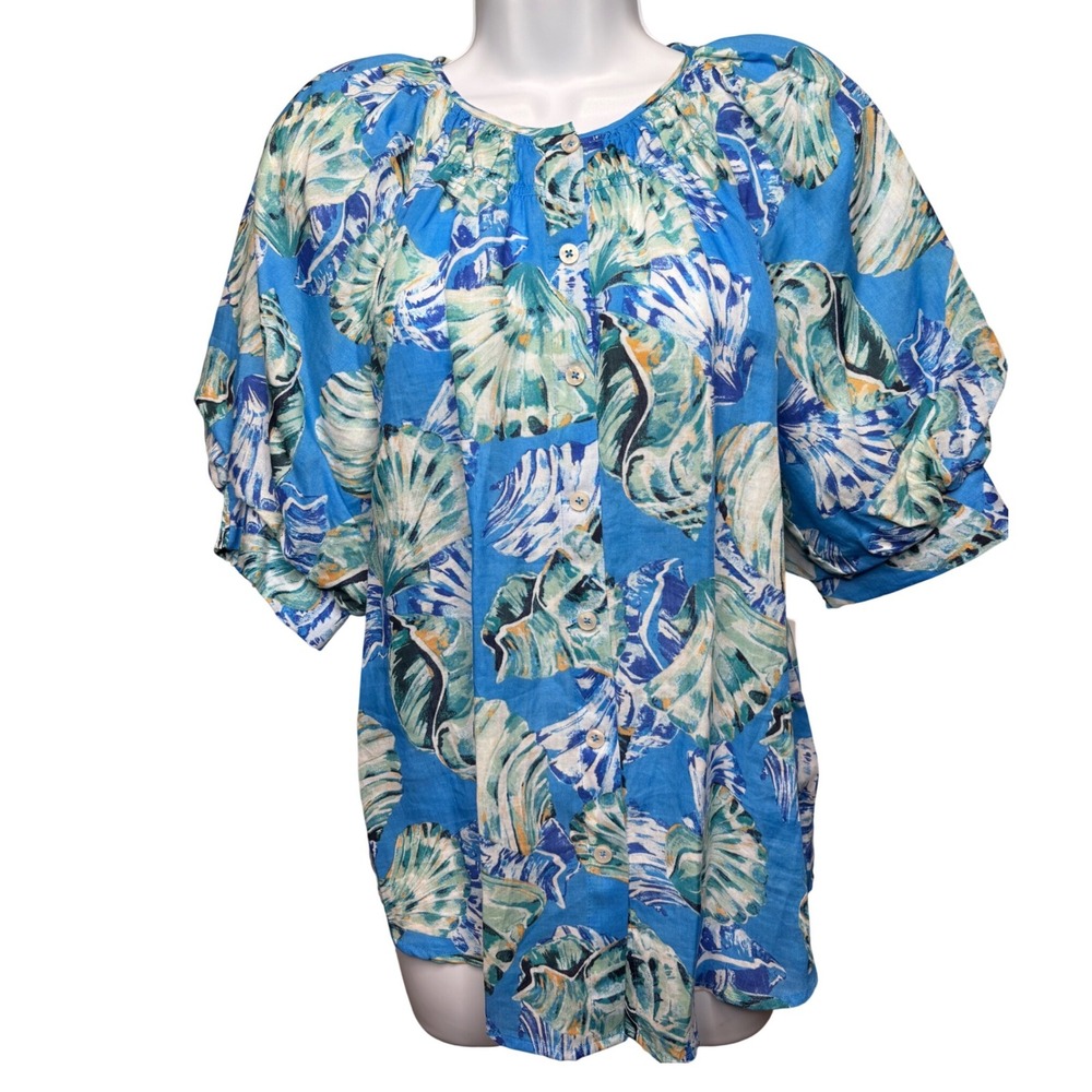 NWT CHICO'S Womens Blue Seashell Print Ramie Button Up Top Sz 1/M Airy Coastal